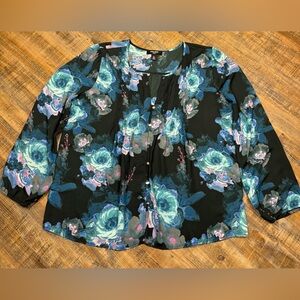 Nine West Dark Floral Blouse XL Teal Blue Pleated sheer Button Front Top